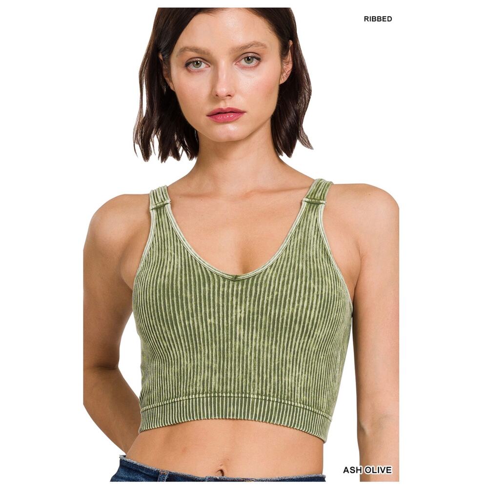 Zenana - Washed Ribbed Seamless Padded Brami Olive Green - L/XL
